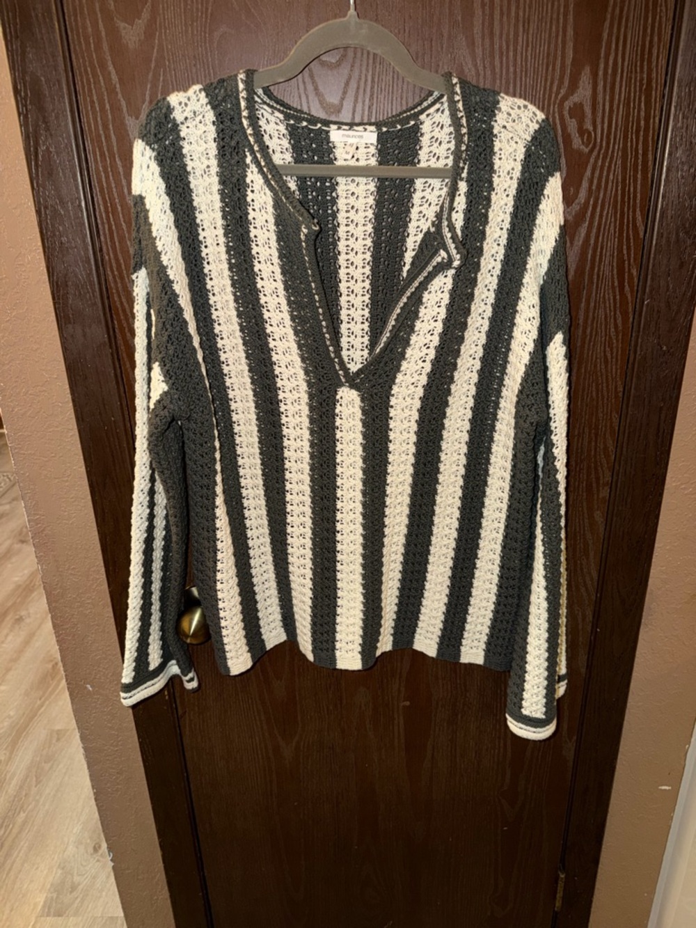 Maurice’s Striped V-Neck Crochet Sweater - Gray & White